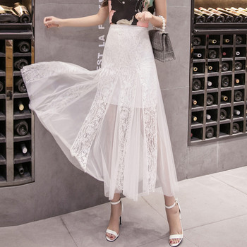 Модерна дамска дантелена дълга пола с висока талия в два цвята