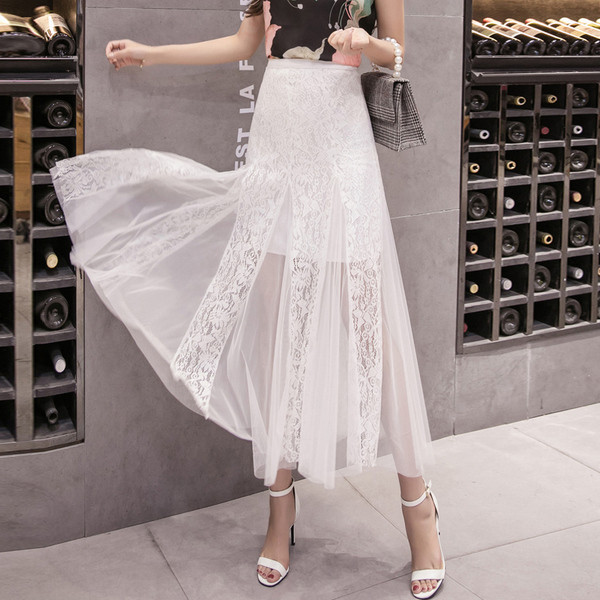 Модерна дамска дантелена дълга пола с висока талия в два цвята