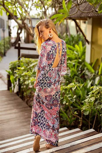 Rochie lungă de damă colorată cu mâneci lotus