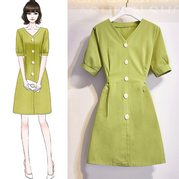 Rochie elegantă de damă, cu decolteu în V și nasturi de culoare verde