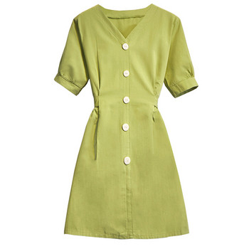 Rochie elegantă de damă, cu decolteu în V și nasturi de culoare verde