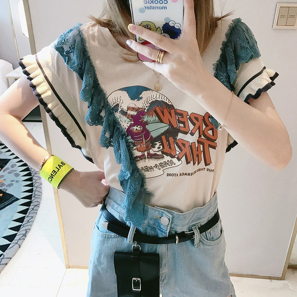 Tricou dama cu element - aplicatie si dantela in trei culori