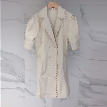 Дамска рокля с къс ръкав и V-образно деколте в бежов и черен цвят 