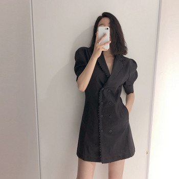 Дамска рокля с къс ръкав и V-образно деколте в бежов и черен цвят 