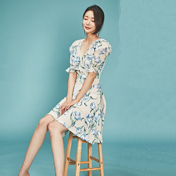 Rochie elegantă de damă, cu mâneci scurte și model floral