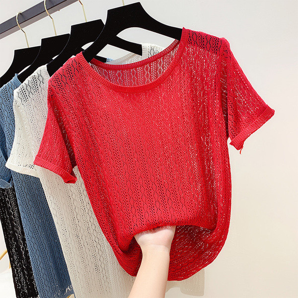 Bluză de damă modernă tricotată cu mâneci scurte în mai multe culori