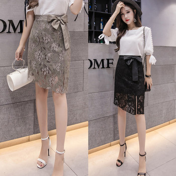 Fusta de dama eleganta din dantela in doua culori cu talie inalta