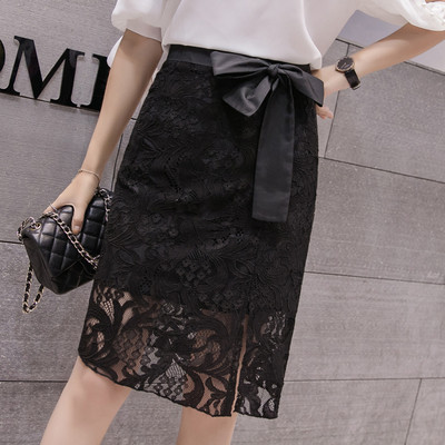 Fusta de dama eleganta din dantela in doua culori cu talie inalta