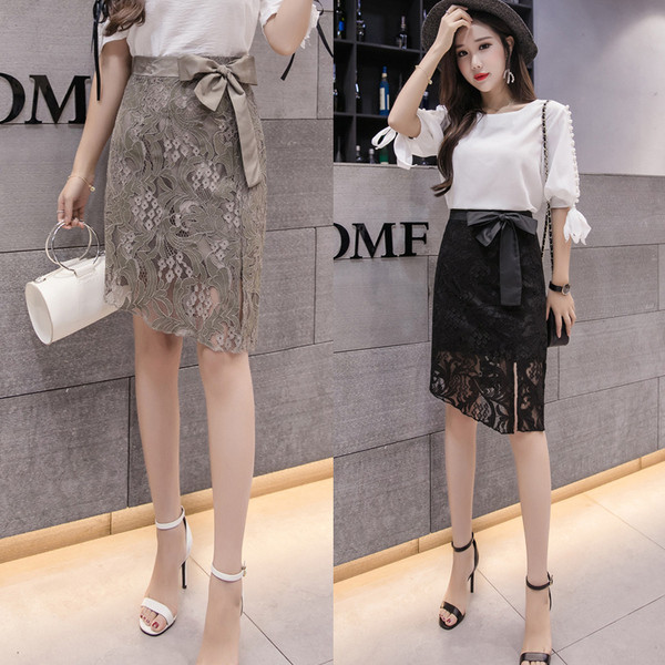 Fusta de dama eleganta din dantela in doua culori cu talie inalta