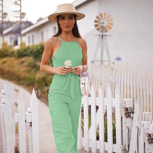 Μοντέρνες γυναικείες  ολοσωμες φόρμες με λεπτούς ιμάντες ώμου και κορδόνια  σε πράσινο χρώμα