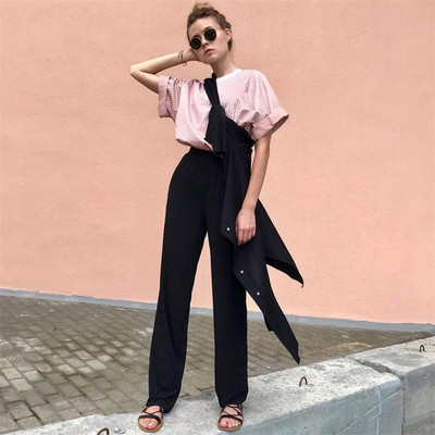 Pantaloni eleganti de dama model lat cu talie inalta in alb-negru