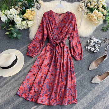 Rochie de dama cu maneca lunga in galben si roz si model floral