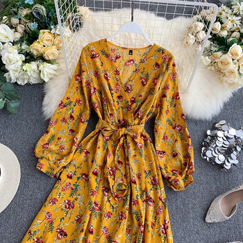 Rochie de dama cu maneca lunga in galben si roz si model floral