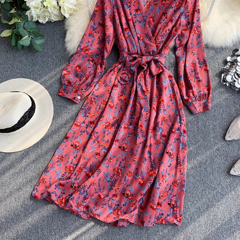 Rochie de dama cu maneca lunga in galben si roz si model floral