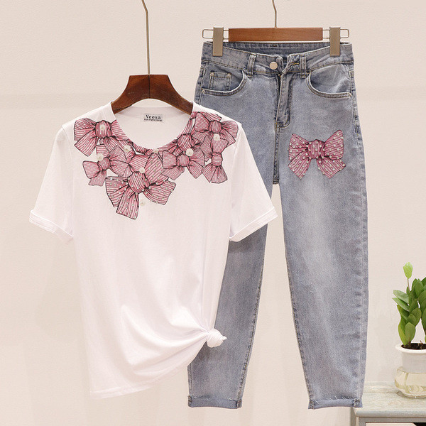 Set de dama modern din doua parti cu panglici in doua culori