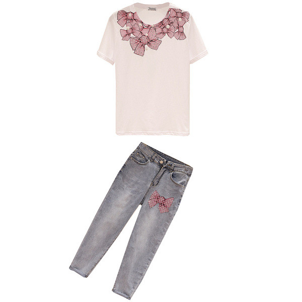 Set de dama modern din doua parti cu panglici in doua culori