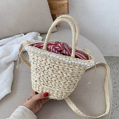 Geanta de vara de dama cu perle si maner lung in doua culori