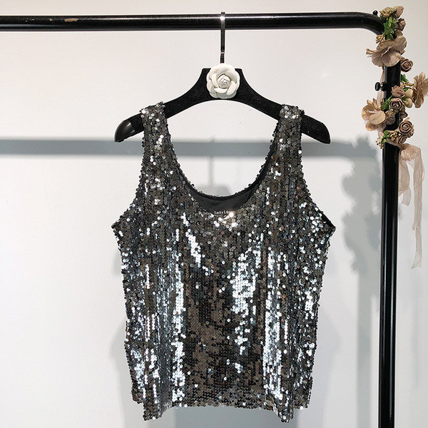 Maieu de dama de culoare argintie cu paiete si bretele late