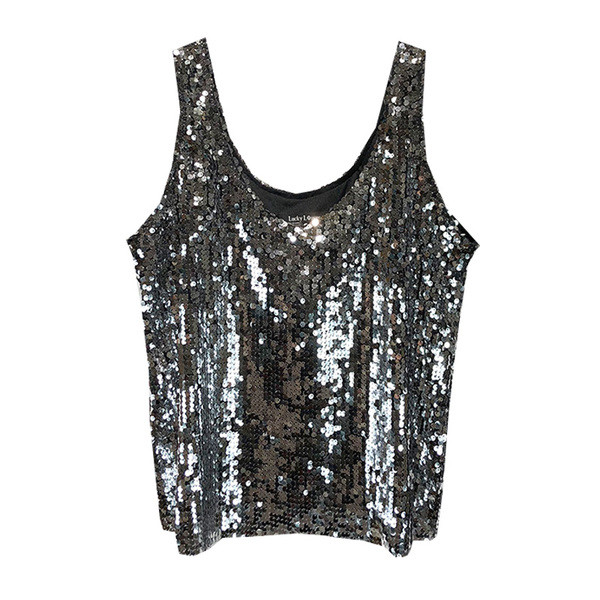 Maieu de dama de culoare argintie cu paiete si bretele late