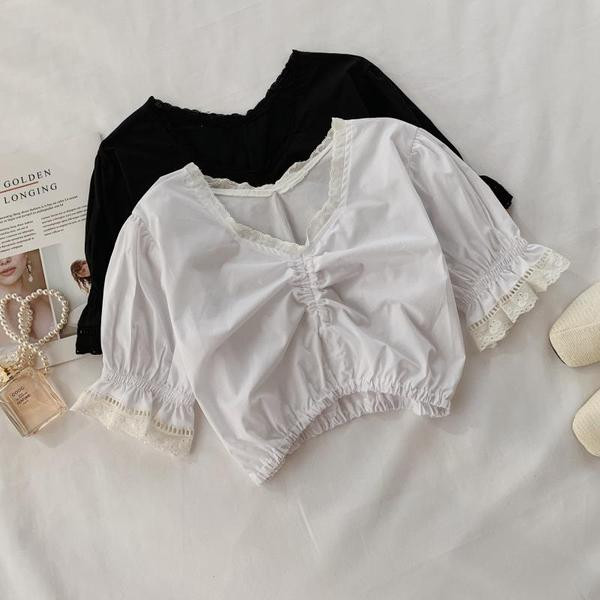 Bluza scurta de dama cu dantela in alb si negru