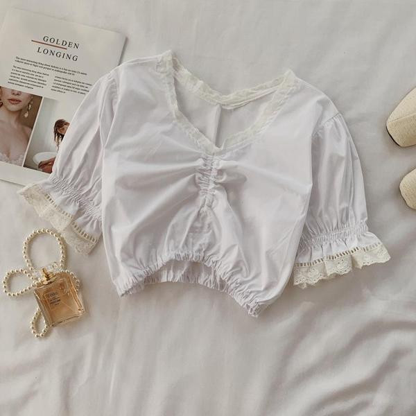 Bluza scurta de dama cu dantela in alb si negru