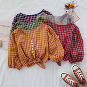 Cămașă scurtă în carouri de damă cu decolteu în V