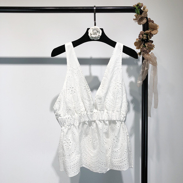 Maieu de damă din dantelă, cu decolteu în V, alb