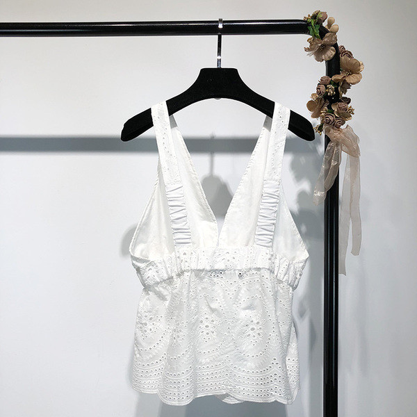 Maieu de damă din dantelă, cu decolteu în V, alb