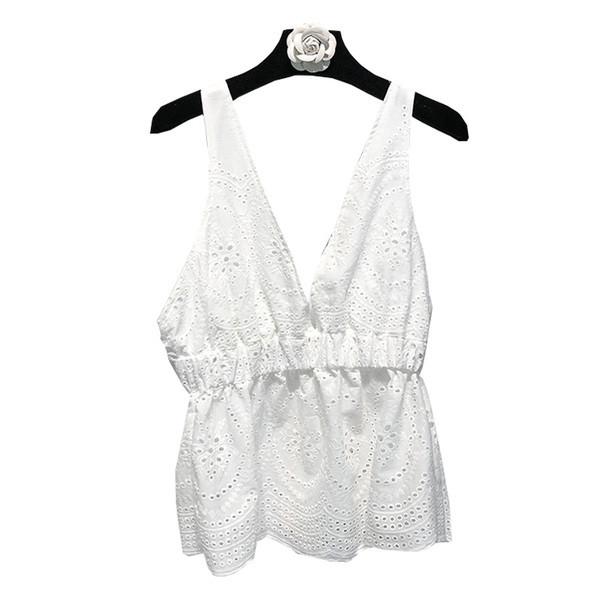 Maieu de damă din dantelă, cu decolteu în V, alb