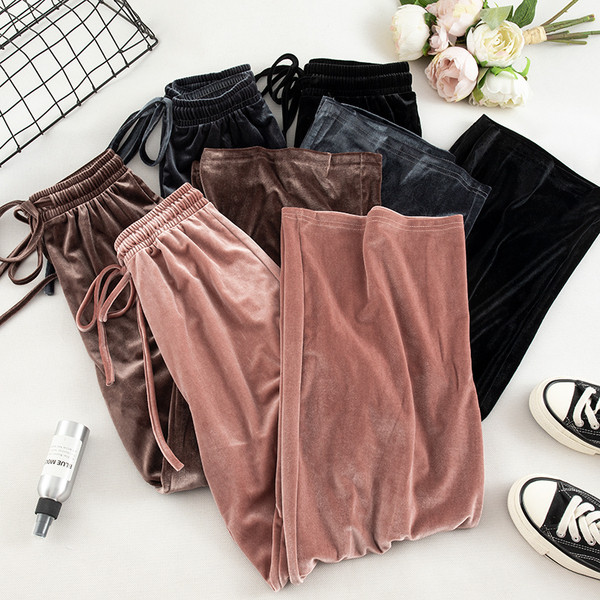 Pantaloni de dama moderni din catifea cu talie inalta in mai multe culori