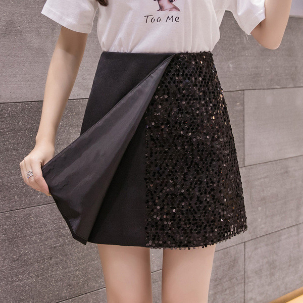 Fusta de dama eleganta cu paiete in alb si negru cu talie inalta