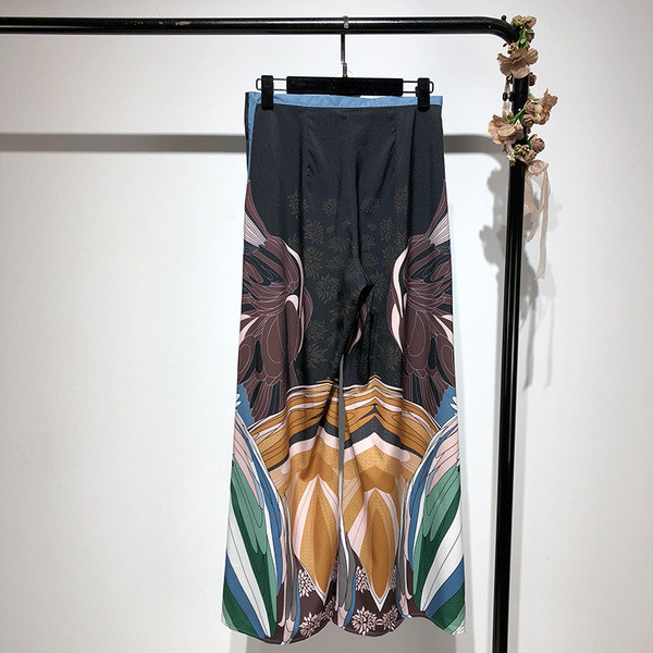 Pantaloni largi de dama in albastru cu model