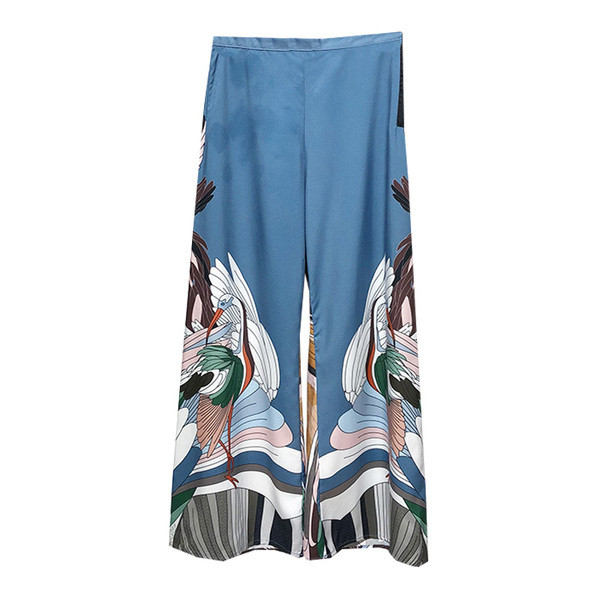 Pantaloni largi de dama in albastru cu model