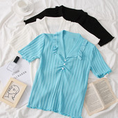 Bluza de dama model nou cu decolteu in V in albastru, alb si negru