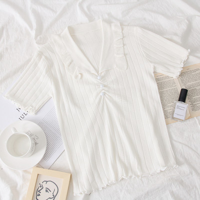 Bluza de dama model nou cu decolteu in V in albastru, alb si negru