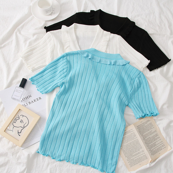 Bluza de dama model nou cu decolteu in V in albastru, alb si negru