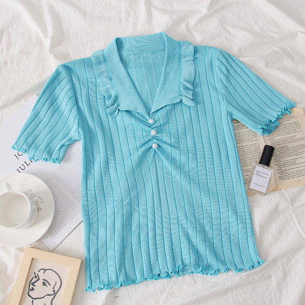 Bluza de dama model nou cu decolteu in V in albastru, alb si negru