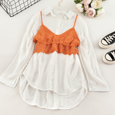 Модерна дамска риза в бял цвят с плетено бюстие