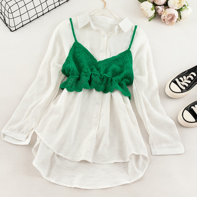 Модерна дамска риза в бял цвят с плетено бюстие