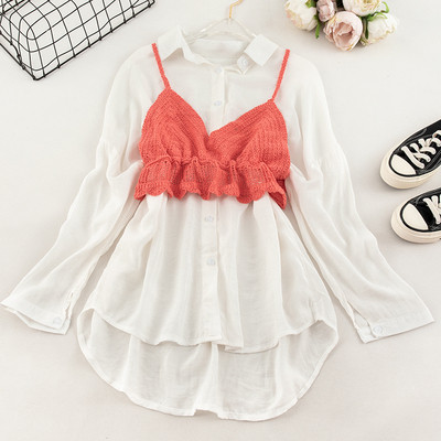 Модерна дамска риза в бял цвят с плетено бюстие