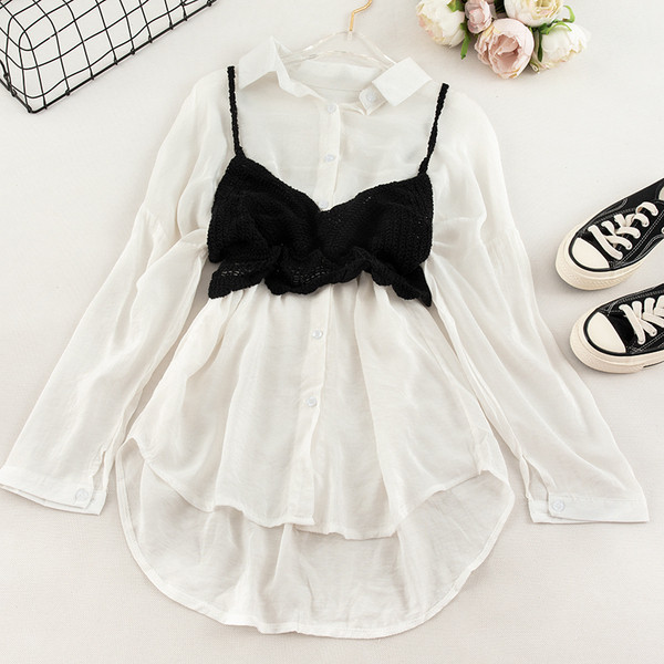 Модерна дамска риза в бял цвят с плетено бюстие