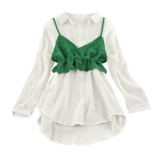 Модерна дамска риза в бял цвят с плетено бюстие