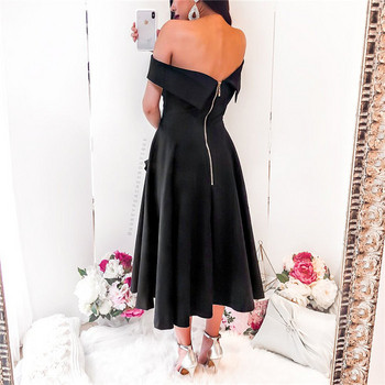 Rochie elegantă de damă cu umerii goi, în negru și albastru