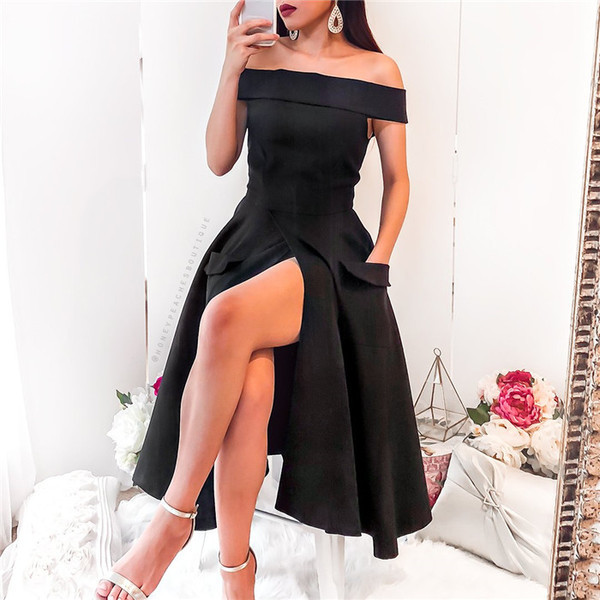 Rochie elegantă de damă cu umerii goi, în negru și albastru