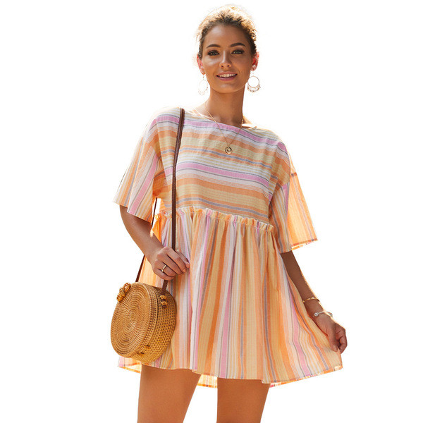 Rochie de dama in dungi colorate cu maneci 3/4 - doua culori