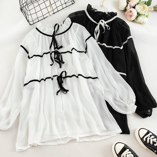 Camasa de dama eleganta model lat cu cravate in alb-negru