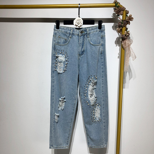 Blugi de dama de culoare albastra cu motiv rupt si perle