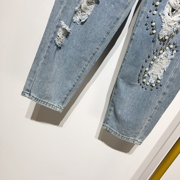 Blugi de dama de culoare albastra cu motiv rupt si perle