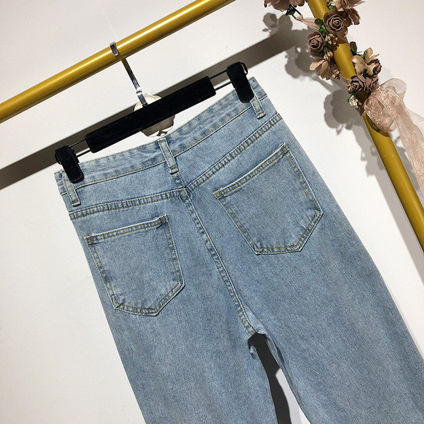 Blugi de dama de culoare albastra cu motiv rupt si perle