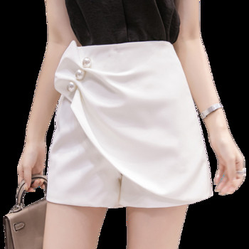 Fusta de dama eleganta in alb si negru cu talie inalta si perle decorative